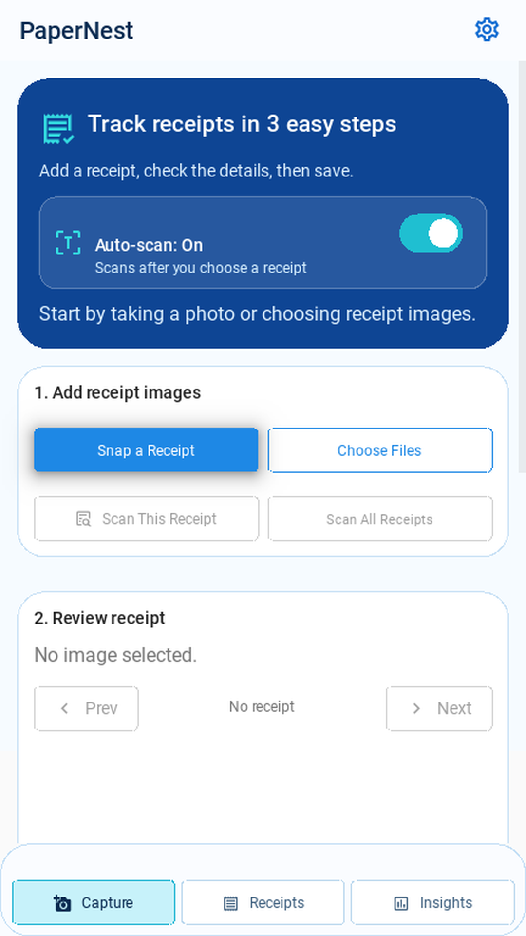PaperNest capture screen showing a receipt scan with a suggested merchant, date, and total ready for review