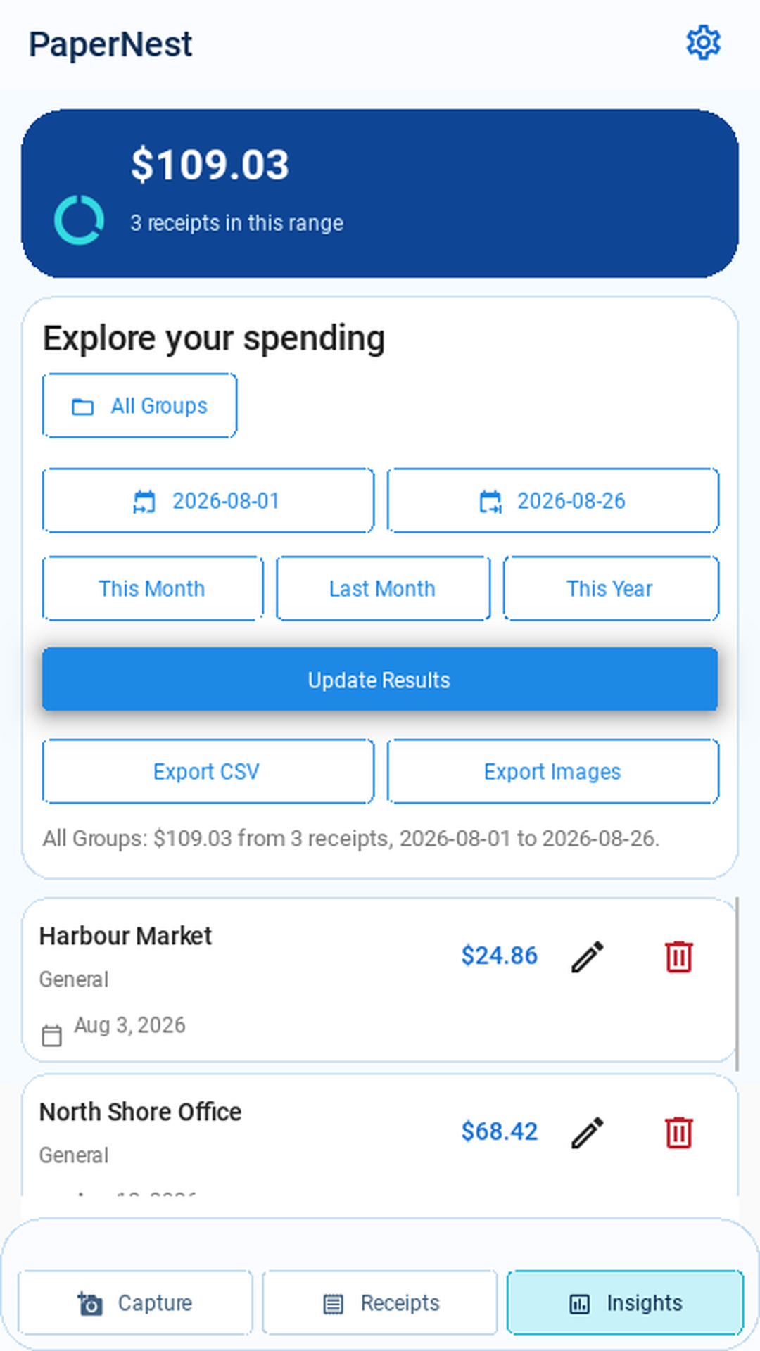 Spending insights screen showing a spending total for a selected date range, filtered by group, with export buttons