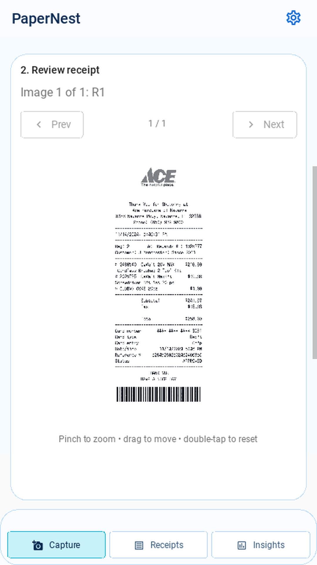 Zoomable receipt preview screen showing a receipt image enlarged for close inspection