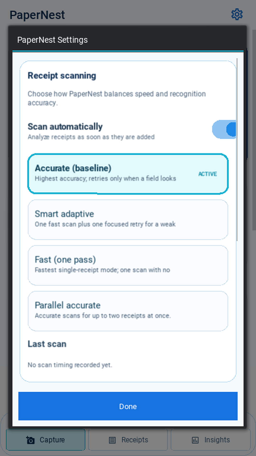 PaperNest settings screen showing receipt scan modes with accuracy and speed tradeoffs